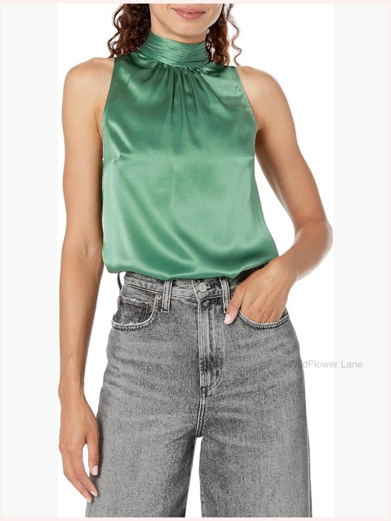Silk Mock Neck Bustier Tank Top, Woven Button Front, Cocktail Blouse